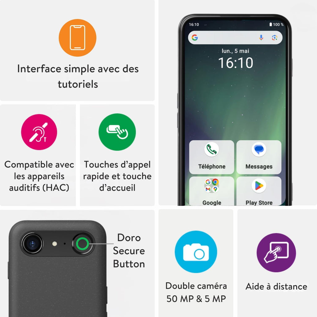 Doro Aurora A30 Smartphone pour Seniors, Téléphone Portable Senior