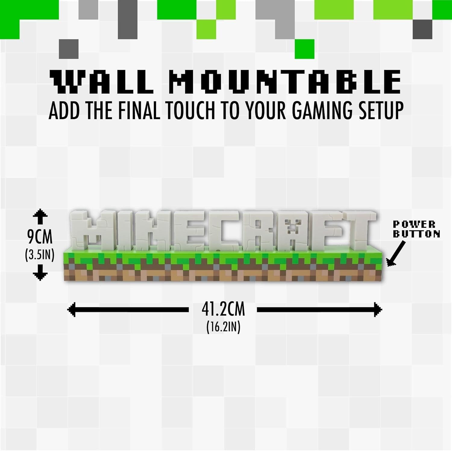 MINECRAFT Logo Lumière LED - sous Licence Officielle - 41 cm - 2 Modes d'Éclairage - Fixation Murale - Alimenté par USB ou Piles