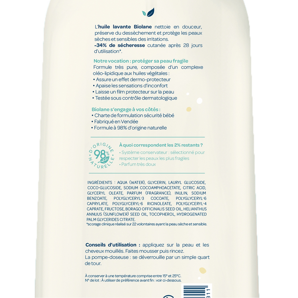 Biolane Huile Nettoyante Dermo-Protectrice, pour Peaux Sèches et Sensibles, 500 ml