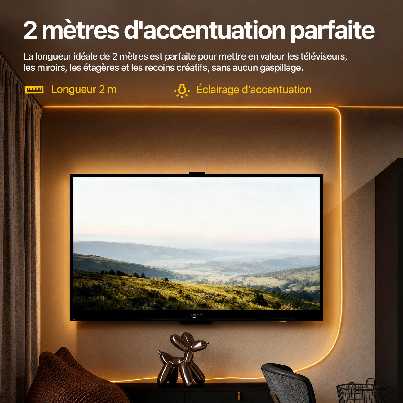 VIVREAL Ruban LED COB 12 V 6,56 pi 3000 K Blanc chaud à intensité variable, ruban flexible avec alimentation et télécommande RF, IRC élevé 92