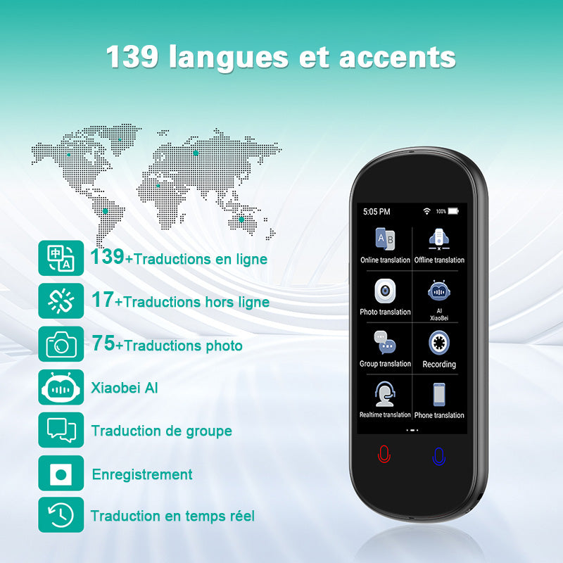 Rexsun Traducteur vocal intelligent, traduction en ligne 139 langues et traduction hors ligne 17 langues, Z2, aspect métallique gris