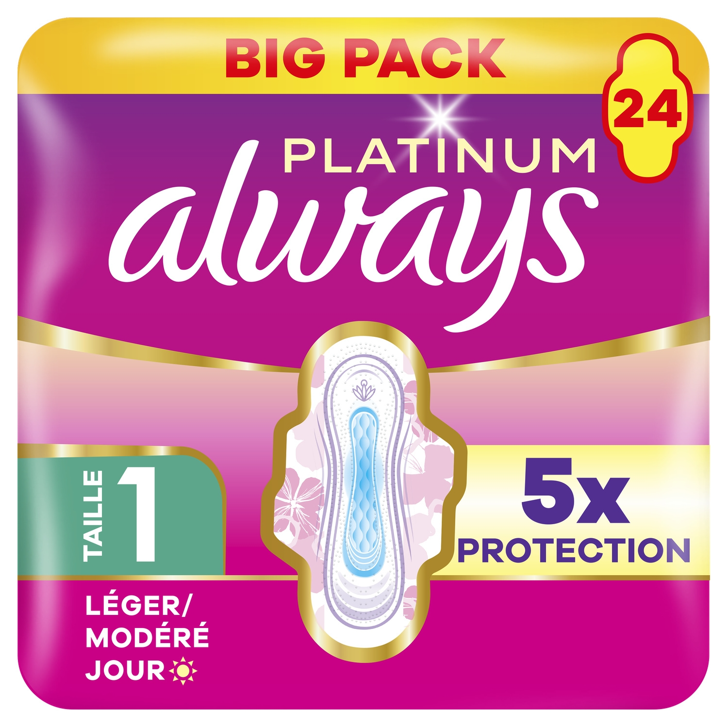 Always Platinum Serviettes Flux Léger/Modéré Jour (Taille 1) 24 Serviettes Menstruelles, Super Absorbantes Et Ultra-Fines, Pour Règles