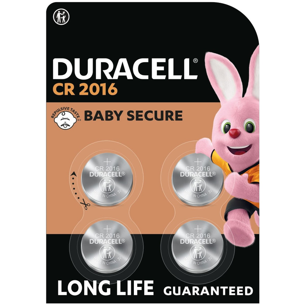DURACELL CR2016 Lot de 4 piles boutons au lithium 3 V, longue durée garantie, technologie sécurité enfant, pour clés électroniques / télécommandes / montres fitness, emballage sécurité enfant