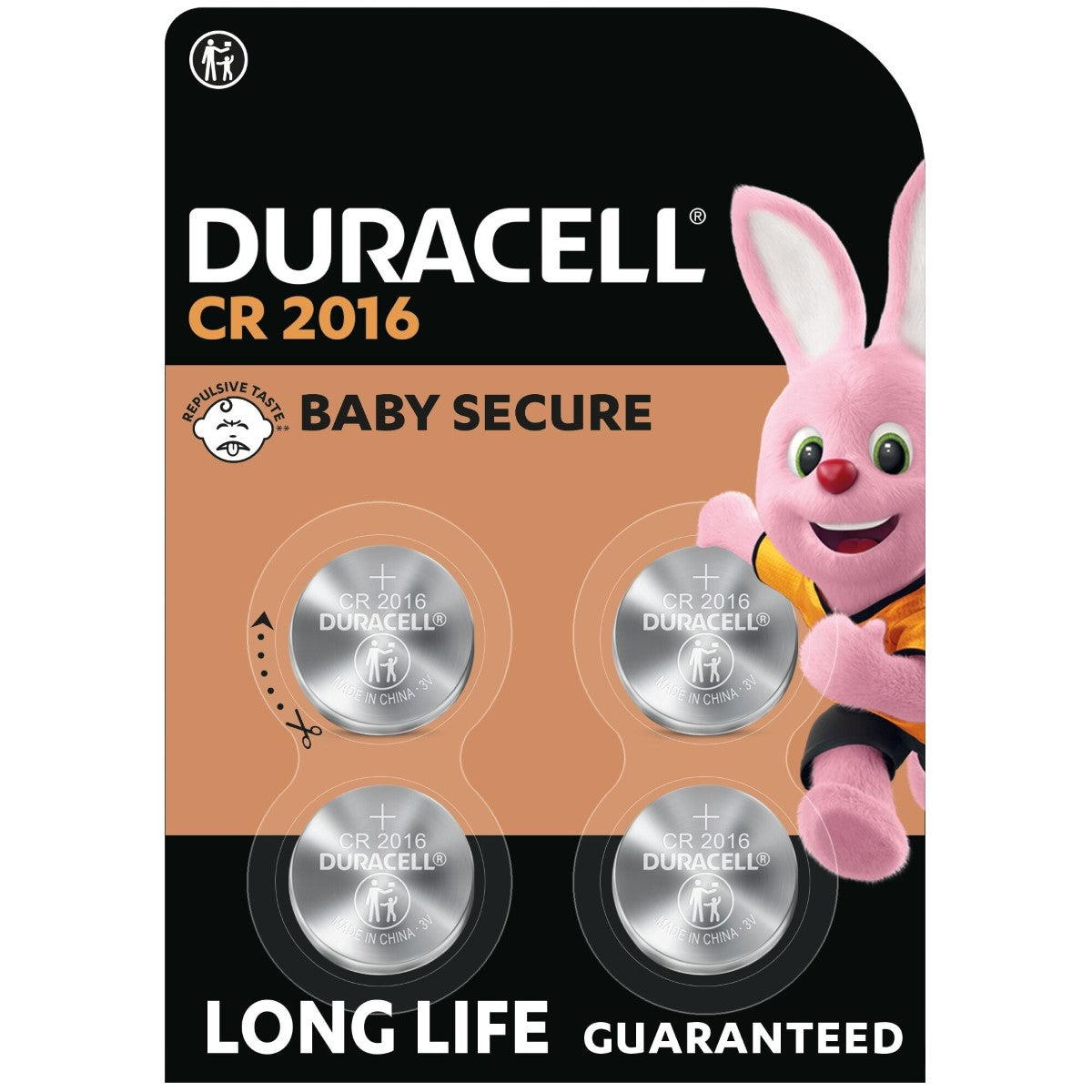 DURACELL CR2016 Lot de 4 piles boutons au lithium 3 V, longue durée garantie, technologie sécurité enfant, pour clés électroniques / télécommandes / montres fitness, emballage sécurité enfant