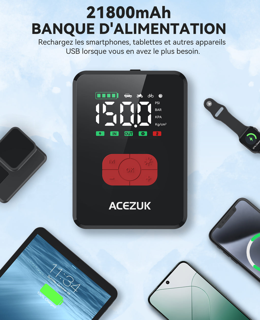 ACEZUK M06 Booster de batterie 7000 A avec batterie externe, pour voitures tout essence et diesel 12 L, avec compresseur d’air 150 PSI, 12 V, câbles de démarrage et éclairage LED