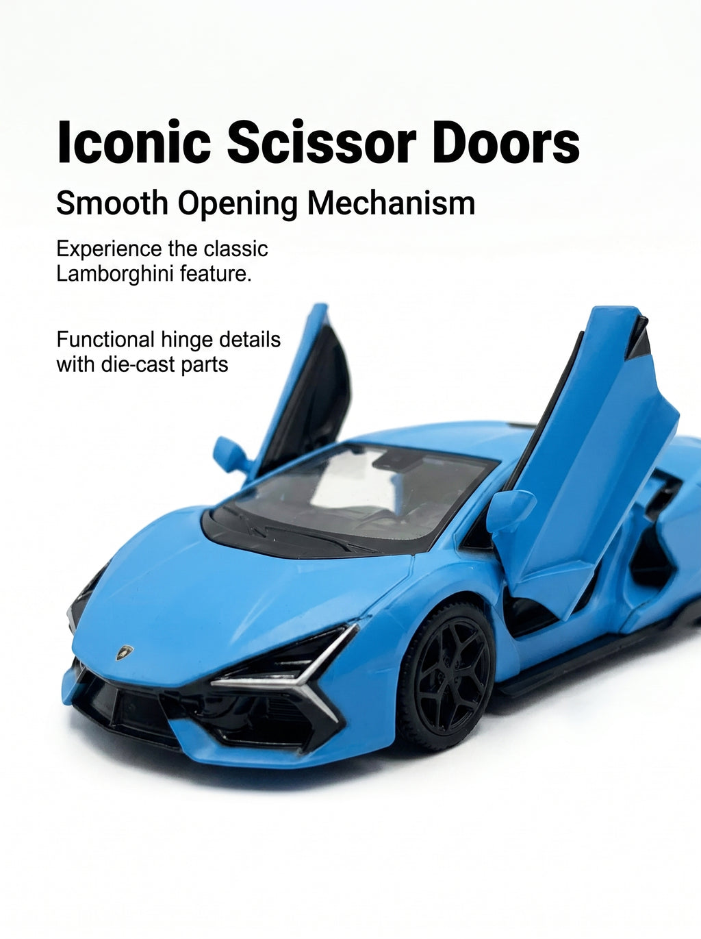Voiture miniature 1:36 Lamborghini Revuelto, Finition bleu mat, Alliage moulé sous pression avec portes ouvrantes et action de recul, Jouet parfait pour enfants et pièce de décoration