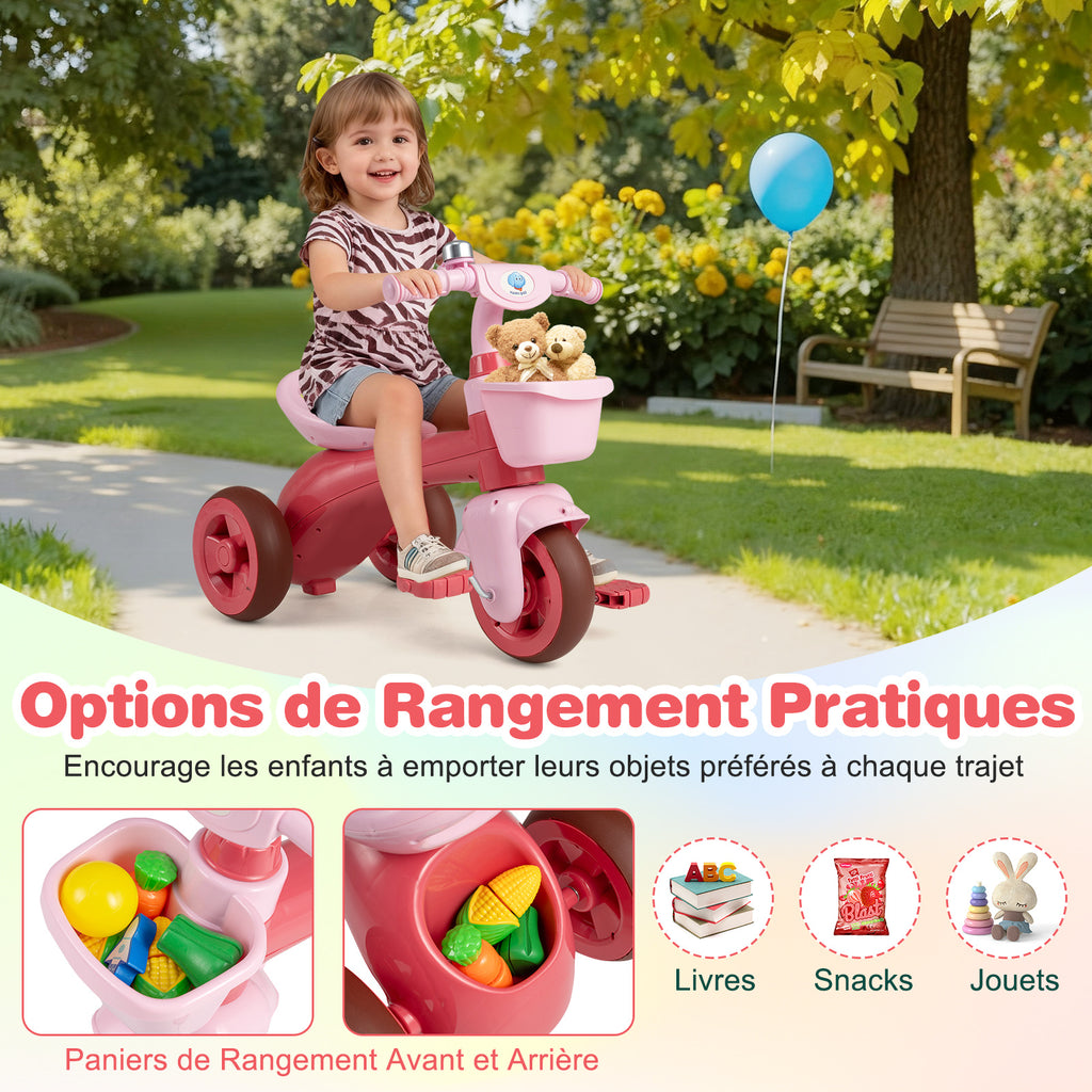 Costway Tricycle pour enfants, Limiteur de direction, Panier avant et sonnette, Rose