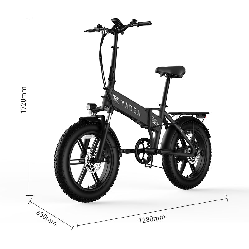 Vélo électrique YADEA Rover pliable à pneus larges, Noir, Pneus tout-terrain 20 × 4,0 pouces, Cadre en alliage d'aluminium, Longue autonomie 90–120 km, Batterie au lithium