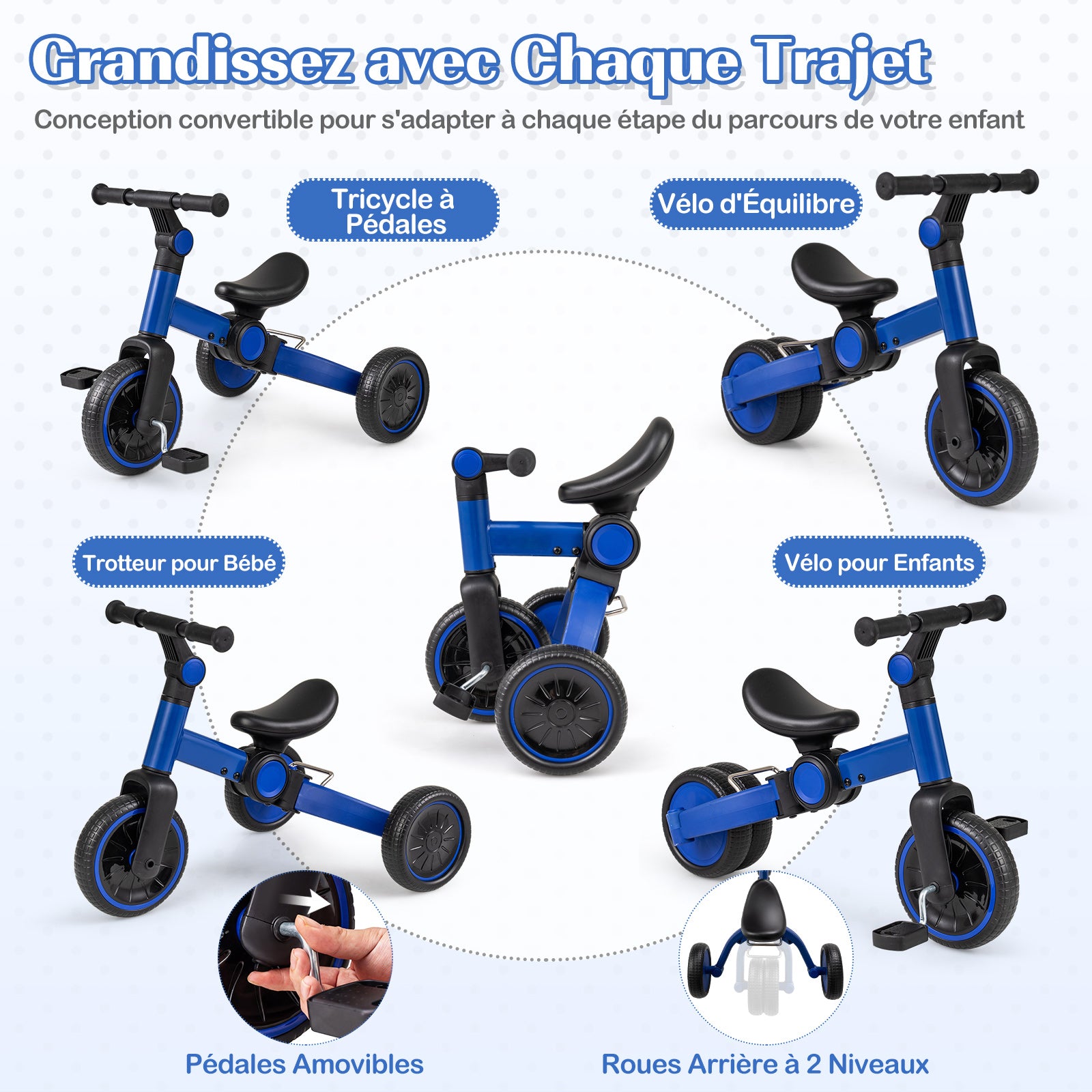 Vélo 5-en-1 pour enfants / draisienne, avec pédales amovibles - Bleu