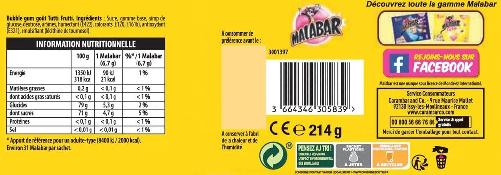 MALABAR Bubble Gum Tutti Frutti, 214 g
