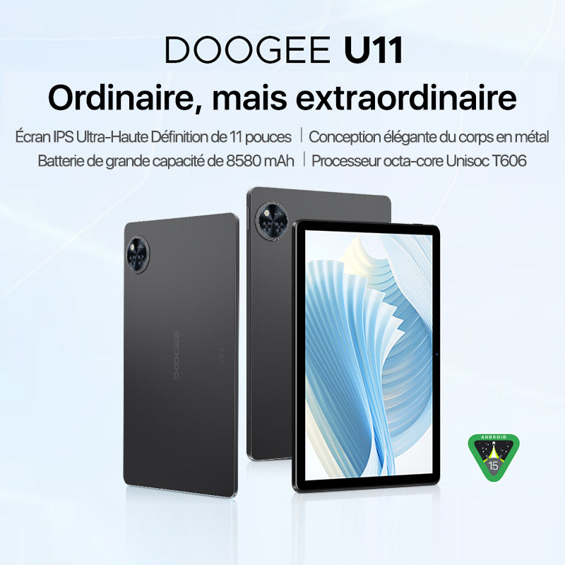 DOOGEE U11 tablette Android 15 de 11 pouces, IA Gemini, 16GB+128GB/2TB, 8580mAh, Unisoc T7200, 5G/Wi-Fi, prise en charge de Widevine L1, Bluetooth 5.0, 13MP+5MP, GPS, OTG, noir