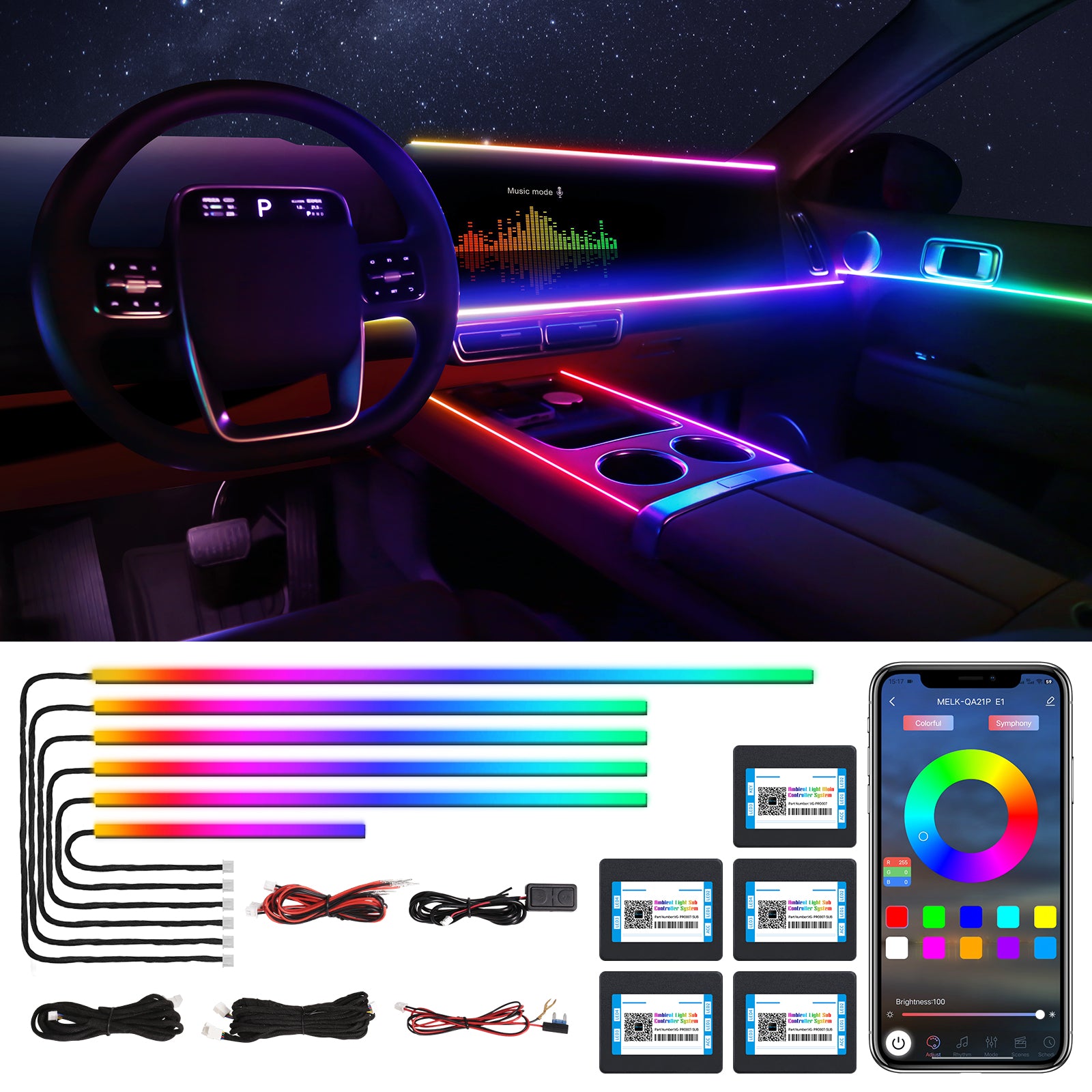 VGETTING Bande LED acrylique couleur de rêve pour intérieur de voiture avec application sans fil, RVB 6-en-1, 175 pouces, 600 LED, Fibre optique, Kit d’éclairage d’ambiance automobile