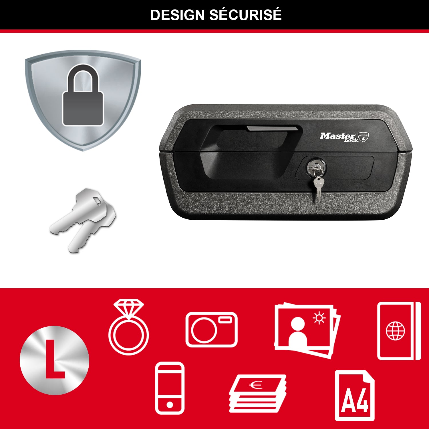 Master Lock boîte de sécurité certifiée résistante au feu et à l'eau, avec clé, 10 L, 419 x 193 x 375 mm, portable, pour la maison et les professionnels