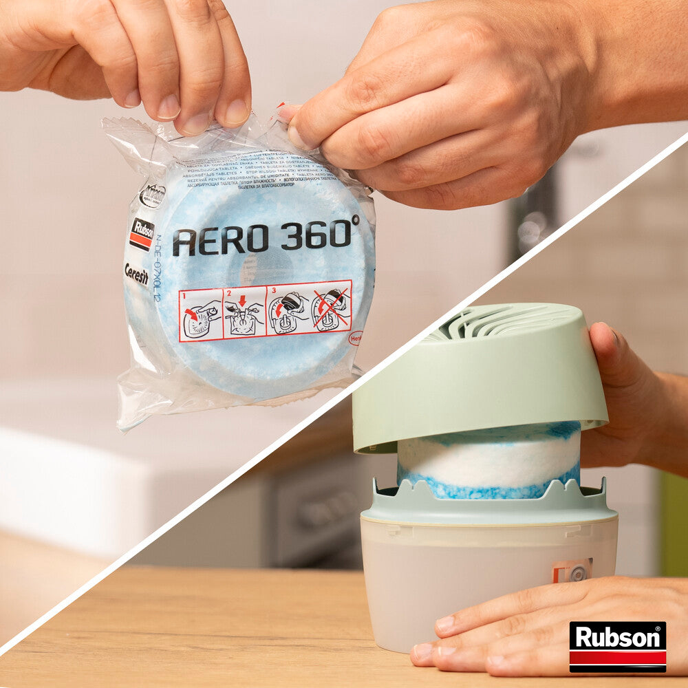 Rubson | Absorbeur d'Humidité Aero 360° Couleur Amande (1 appareil + 1 recharge de 450 g) – Absorbeur anti-humidité pour pièce jusqu'à 20 m² – Déshumidificateur d'air anti-odeur et anti-moisissure
