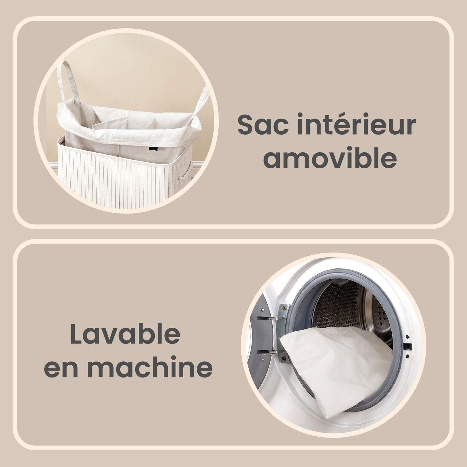 JOYFURNOS Grand Panier à Linge en Bambou, Panier à Linge Pliable à 3 Compartiments avec Couvercle, Sac Intérieur Amovible, Blanc