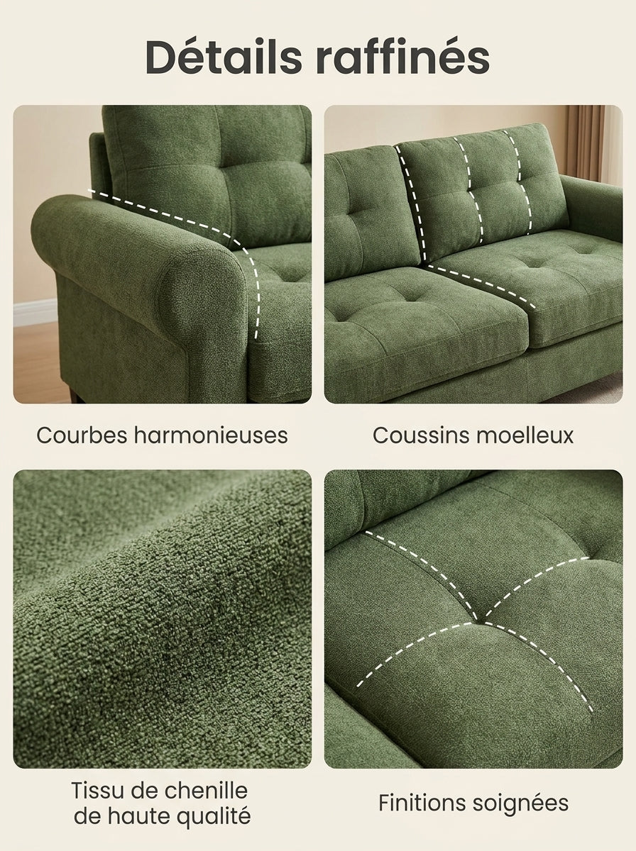 URBAN MEUBLE Canapé double modulable sans cadre — 204x95x76 cm — Tissu Chenille vert — Mousse haute densité