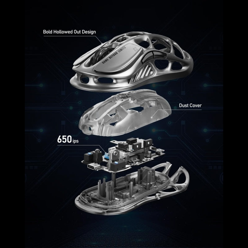 Souris gaming sans fil GravaStar Mercury M1 Pro, Souris gaming super légère 4 kHz en alliage de magnésium, 26000 DPI, Capteur PAW3395, 5 boutons programmables, RGB, Souris gaming design creux - Gunmetal
