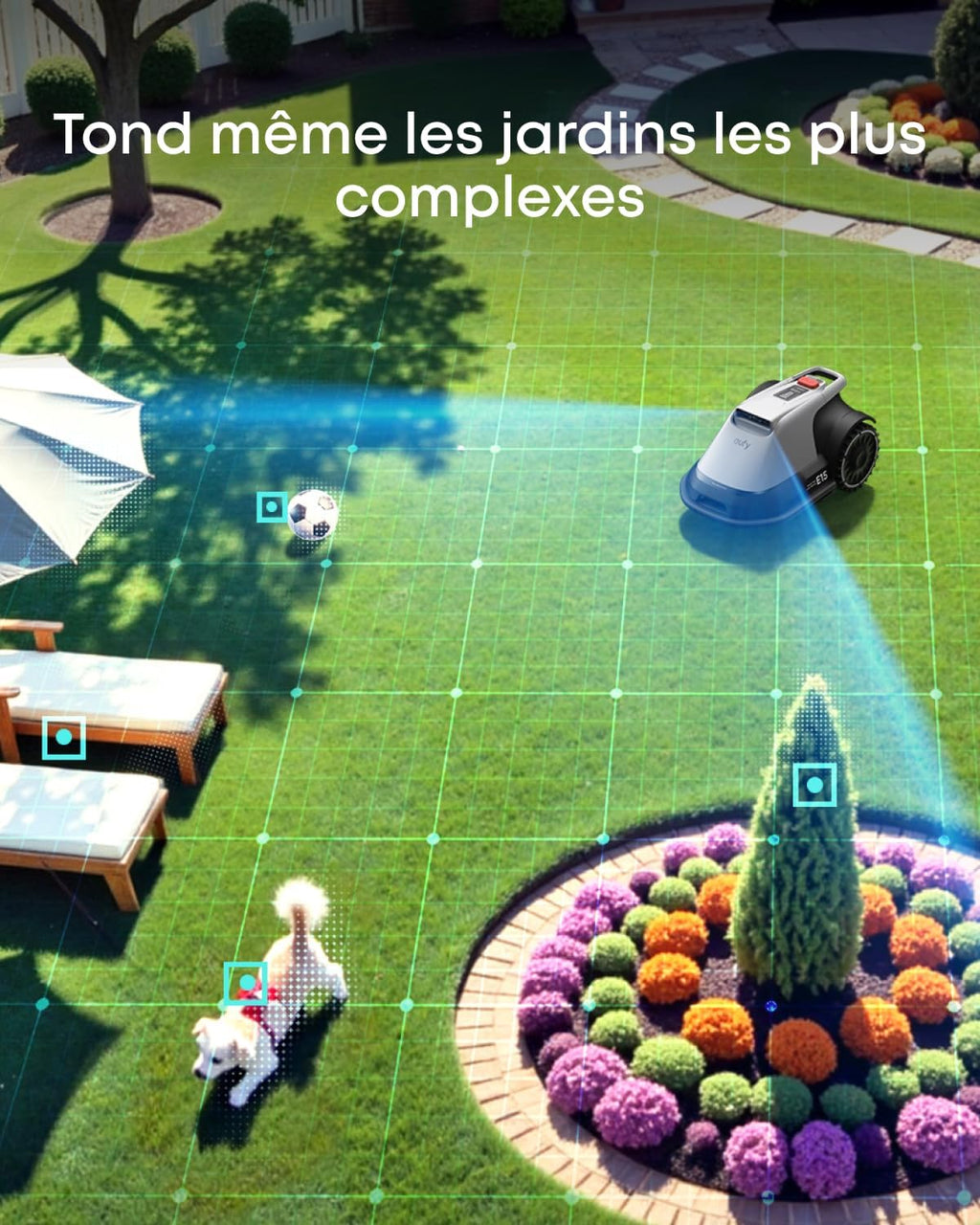 eufy E15 Robot tondeuse sans câble périphérique, sans coupure de signal, sans RTK, technologie TrueVision, navigation intelligente, jardin jusqu'à 800 m², tonte précise