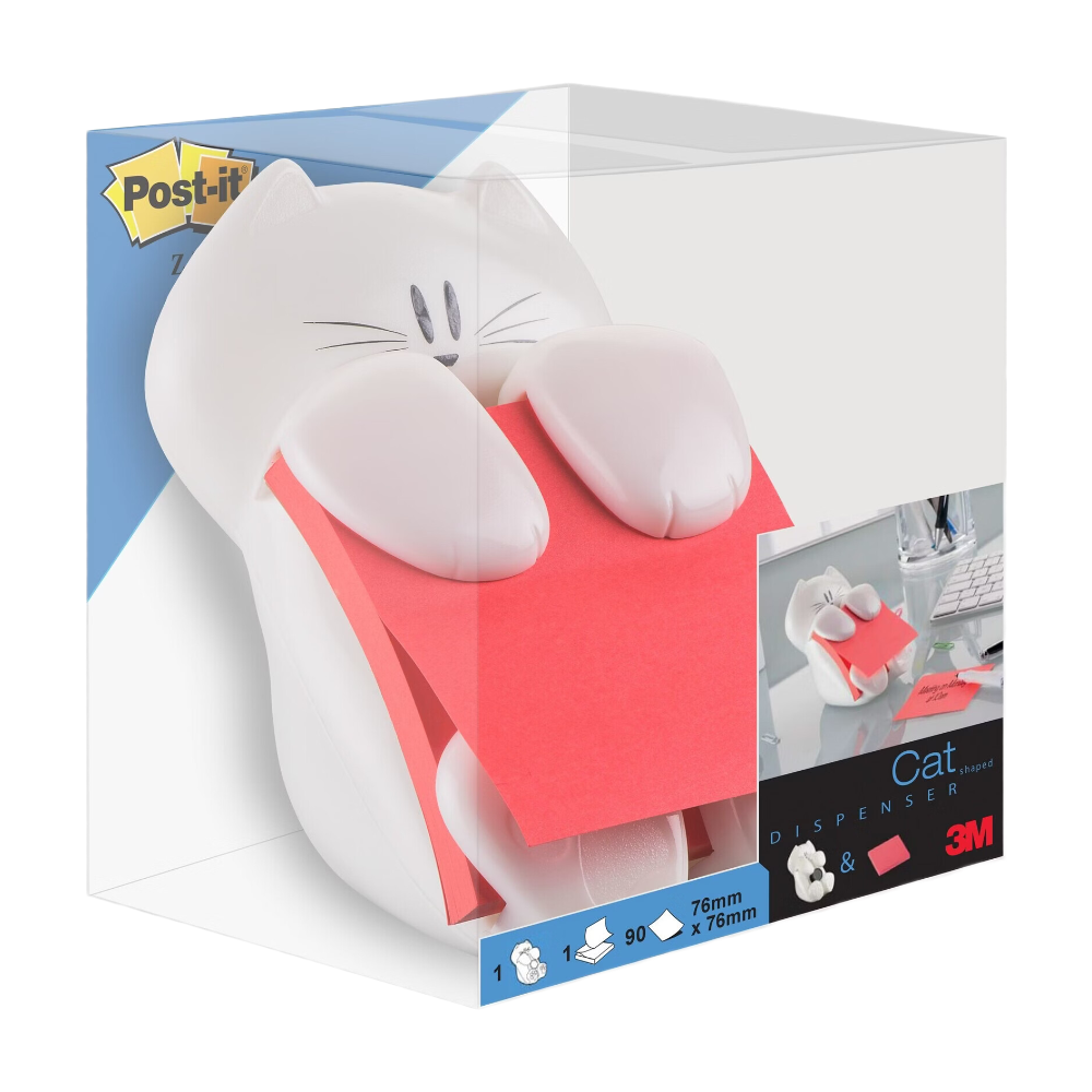 Post-it® Distributeur de notes Z , motif chat, blanc + Notes Z super adhésives Post-it®, rose, 76 mm x 76 mm, 90 feuilles/feuille, 1 feuille/lot