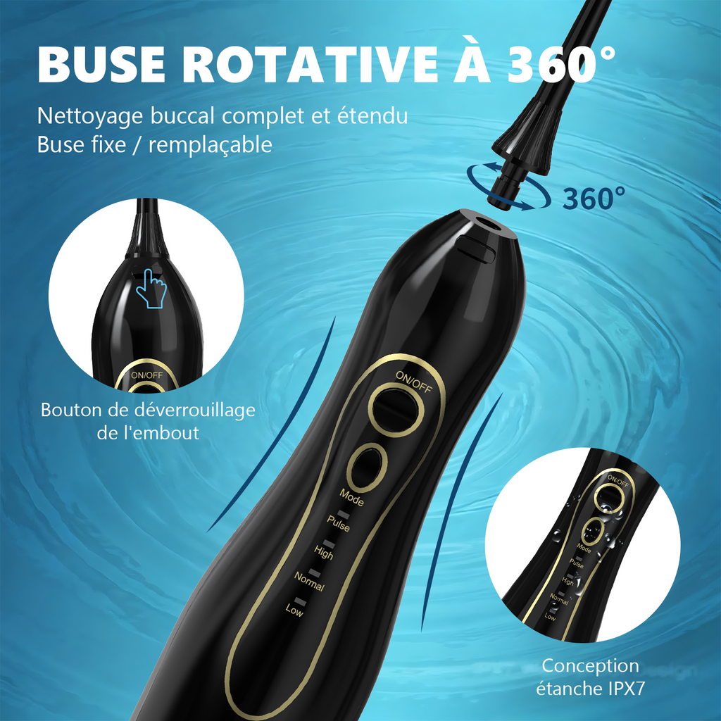 Sunluxy Hydropulseur dentaire portable sans fil, forte pression d’eau 140 PSI, 5 modes, buse rotative 360°, grand réservoir 300 ml, autonomie 40 jours, équipé de 4 types de buses, F5 Noir