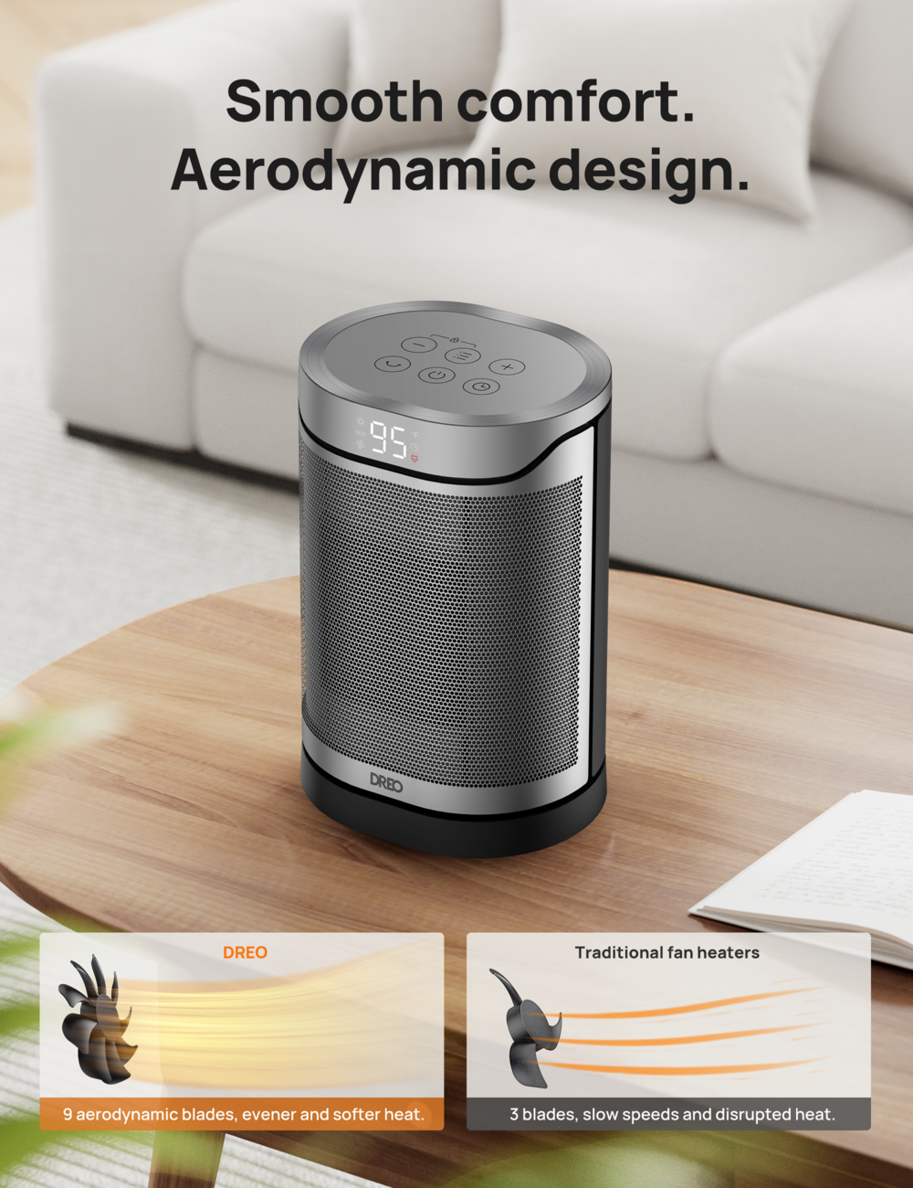 DREO Atom 318, Chauffage soufflant céramique PTC, 1500 W, économe en énergie, chaleur instantanée 2 s, oscillation 70°, minuterie 12 h, 8 protections de sécurité, télécommande