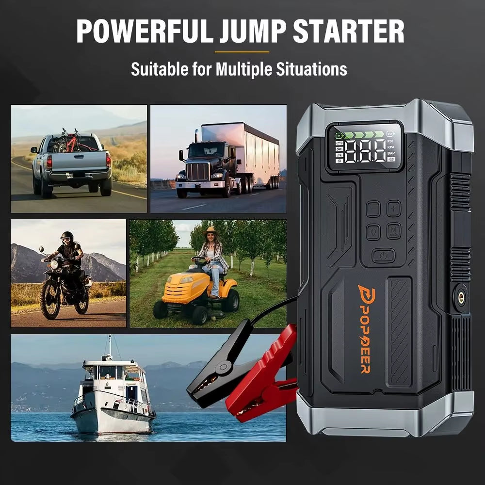 POPDEER PD-JA3 5000A Booster de démarrage 4-en-1, Compresseur d'air 150PSI, Batterie externe 12V QC 3.0 avec écran LCD, 10L Essence/8L Diesel