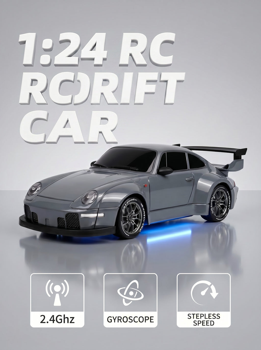 Voiture de Drift RC 4WD 1:24, Contrôle Proportionnel 2,4 g, Gyro et Servo Réglables, Pneus Doubles, Lumières LED, Batterie 7,4 V Suspension Indépendante, Jouet de Loisirs Rétro Wide Body, Gris