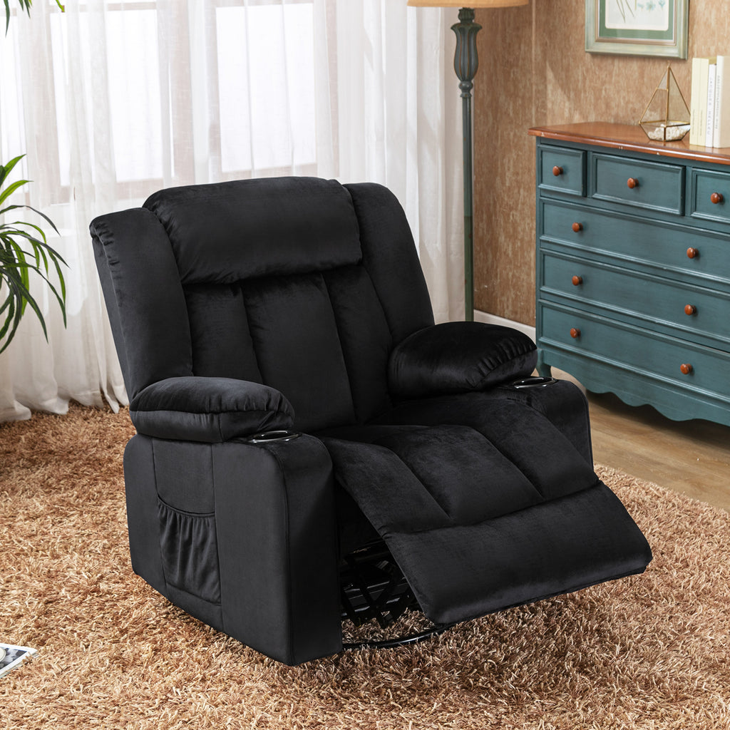 COMHOMA Chaise de relaxation manuelle pivotante pour adultes avec dossier réglable et repose-pieds, chaise longue 361° pour salon, porte-gobelet, poches latérales, tissu doux, ergonomique, noir