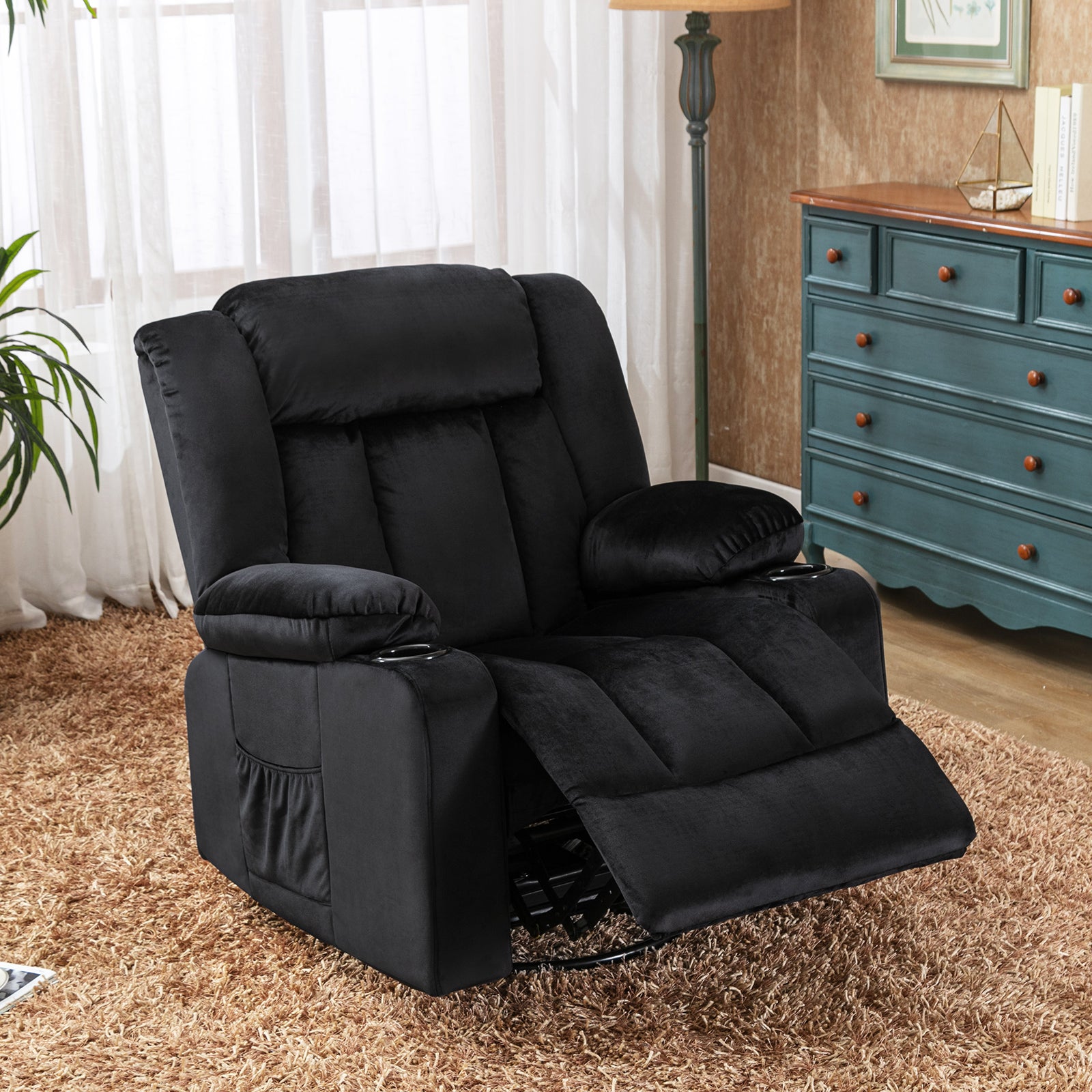 COMHOMA Chaise de relaxation manuelle pivotante pour adultes avec dossier réglable et repose-pieds, chaise longue 361° pour salon, porte-gobelet, poches latérales, tissu doux, ergonomique, noir