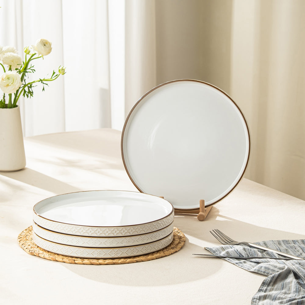Dafuceramic Assiettes plates en céramique 10,25 pouces, lot de 4, compatibles micro-ondes et lave-vaisselle, assiettes profondes pour salade et pâtes avec gaufrage, blanc arctique