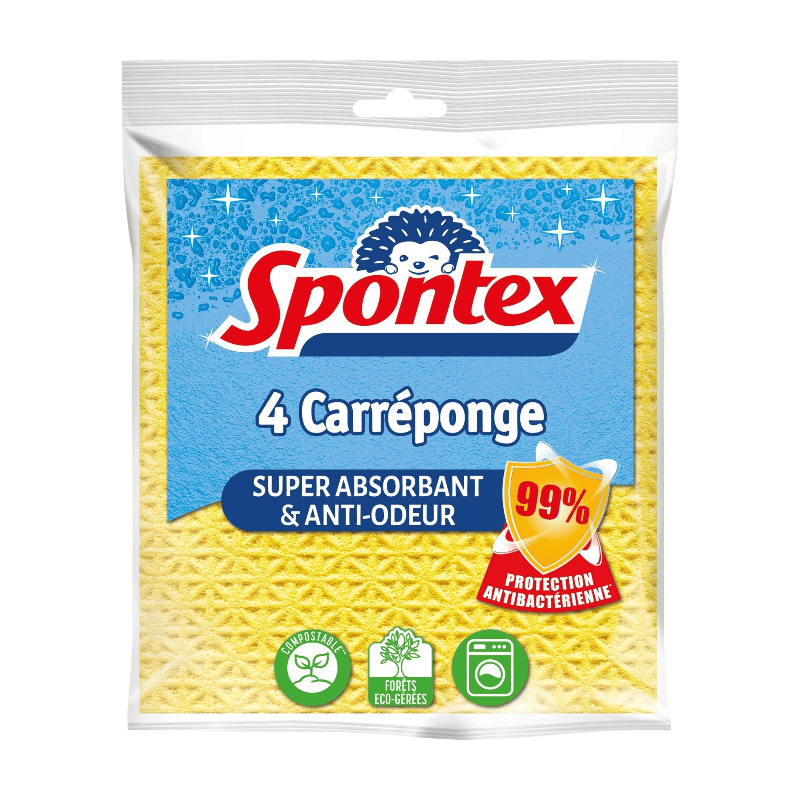 SPONTEX Carresponge Éponges flexibles antibactériennes super absorbantes 4 éponges