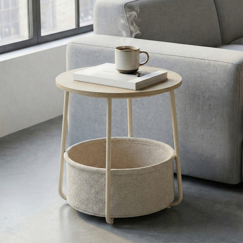 JOYFURNOS x Songmics Table d’appoint ronde 45 x 50 cm avec panier en tissu, pieds en acier, Beige naturel