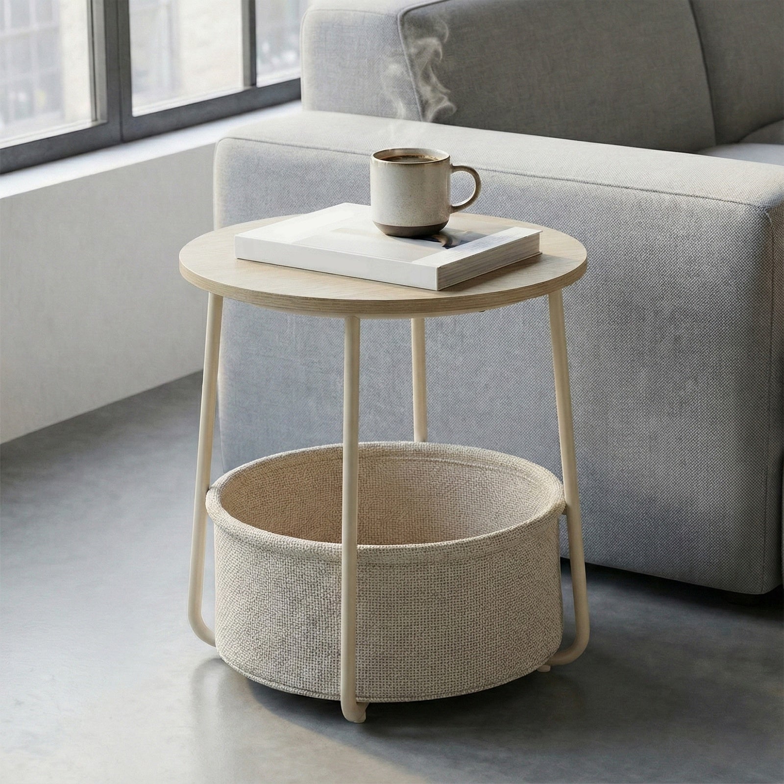 JOYFURNOS x Songmics Table d’appoint ronde 45 x 50 cm avec panier en tissu, pieds en acier, Beige naturel