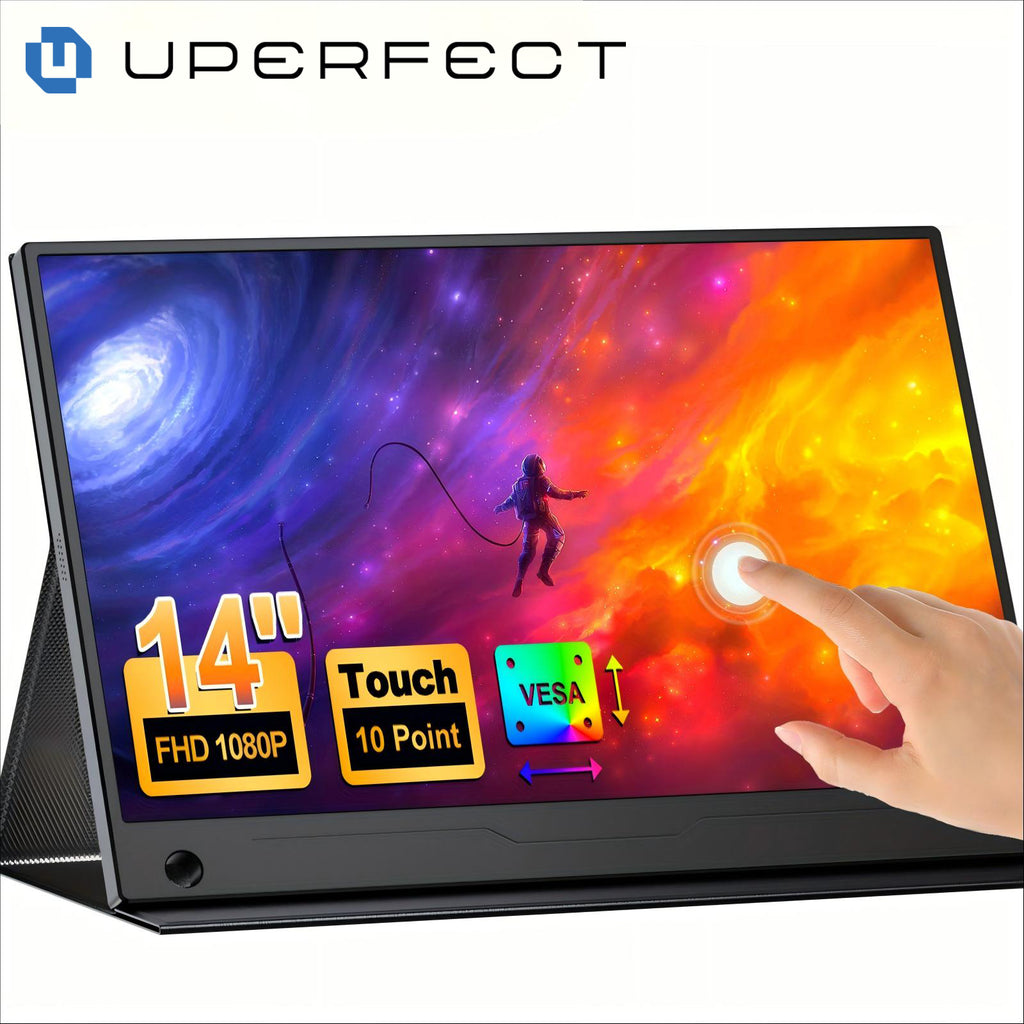 UPERFECT Moniteur portable 14" 60 Hz avec écran tactile, 100 % sRGB, avec VESA et pied, réglable à 180°, ultra-fin et léger, second écran de voyage pour ordinateur portable
