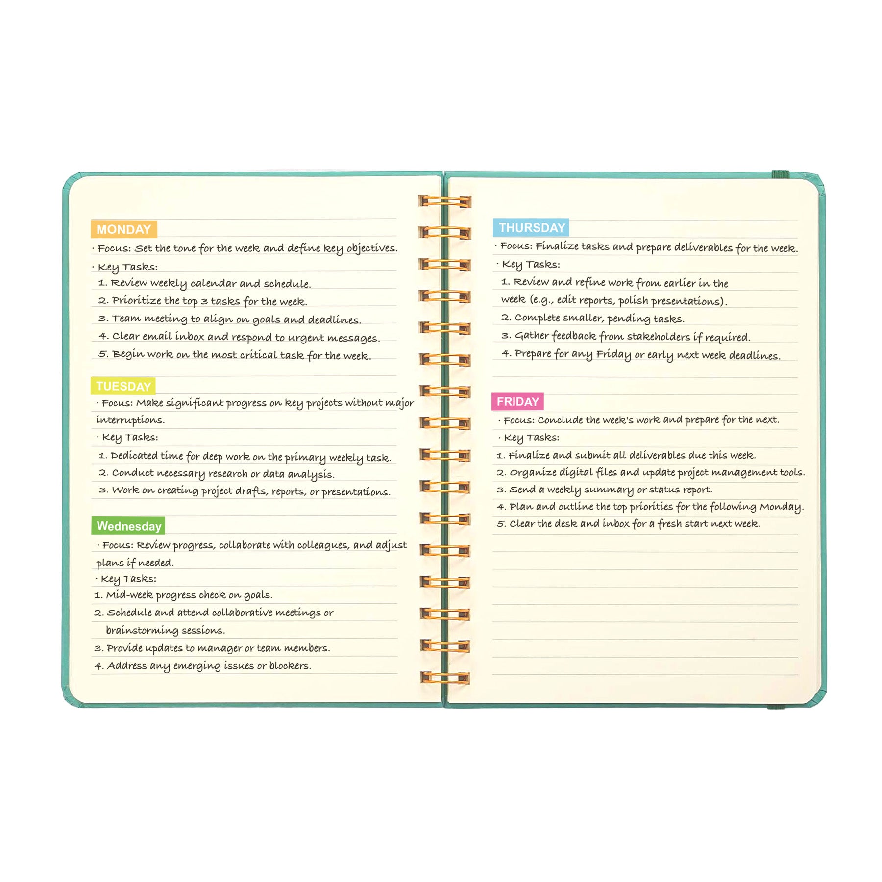Jubiluu Carnet ligné A5 à spirales et couverture rigide - 96 feuilles (papier offset 100 g), avec élastique - Journal ligné crème classique pour écriture, école, bureau et cadeaux - Vert pin