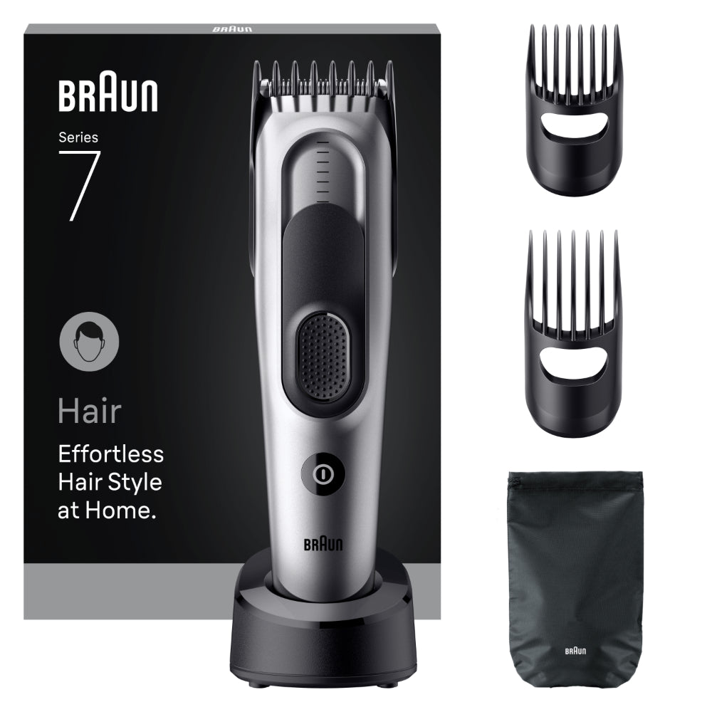 Braun Tondeuse à cheveux électrique Série 7, + 5 accessoires de coiffure, lames à tranchant permanent, 17 réglages de longueur, HC7590, Gris
