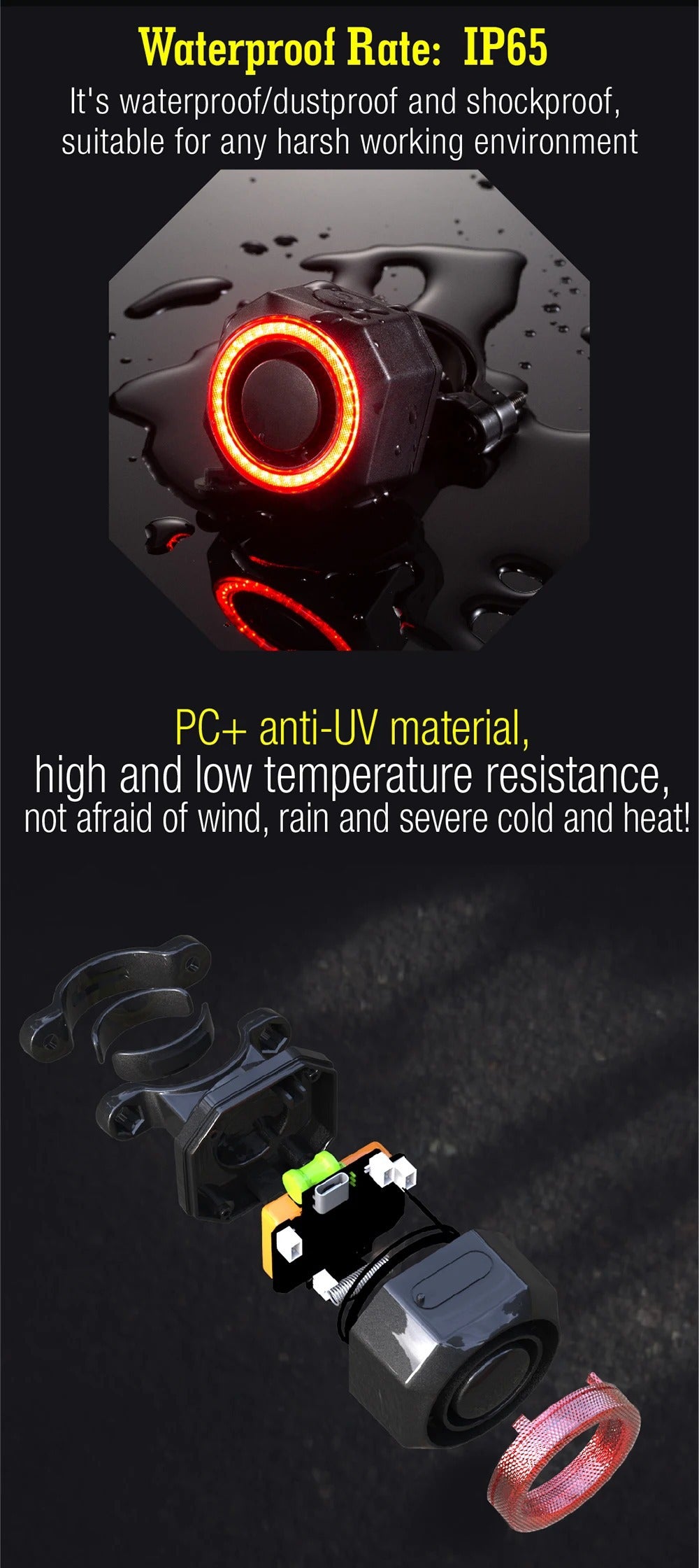 Feu arrière de frein de vélo à capteur intelligent avec alarme antivol, télécommande, rechargeable USB-C, étanche IP65, feu de sécurité arrière de vélo