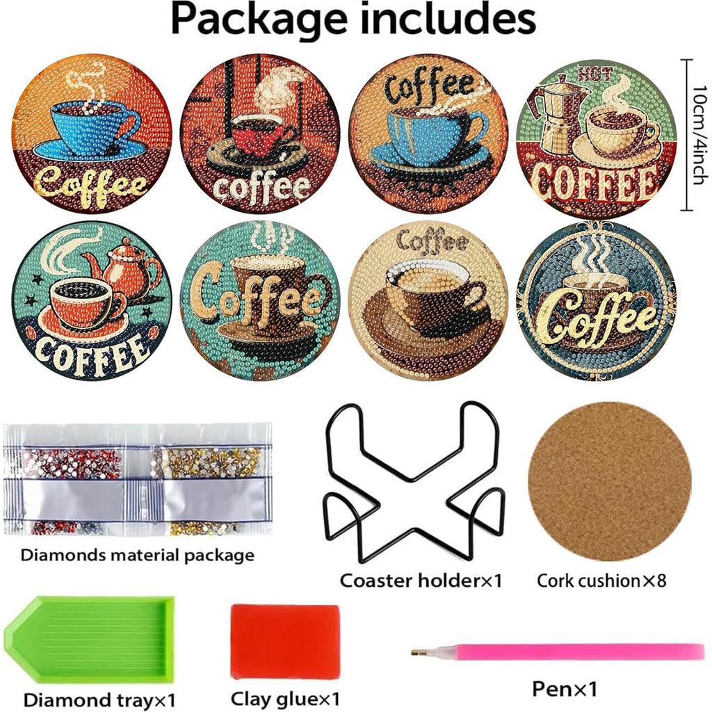 Ju7cer Ensemble de sous-verres de peinture diamant café - 8 pièces carrés sous-verres d'art décoratif avec support | Bricolage DIY pour adultes 4×4 pouces (10×10 cm)