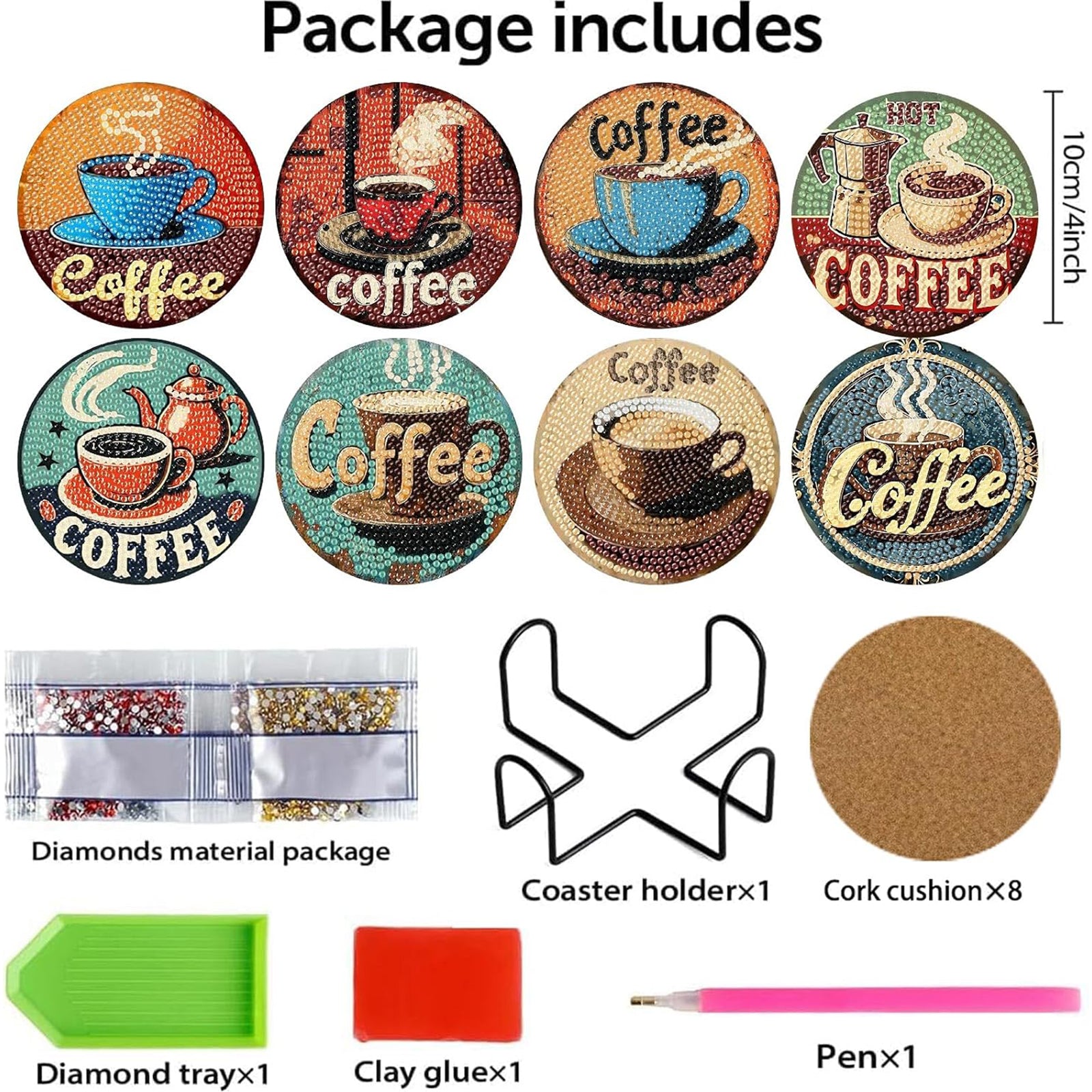 Ju7cer Ensemble de sous-verres de peinture diamant café - 8 pièces carrés sous-verres d'art décoratif avec support | Bricolage DIY pour adultes 4×4 pouces (10×10 cm)