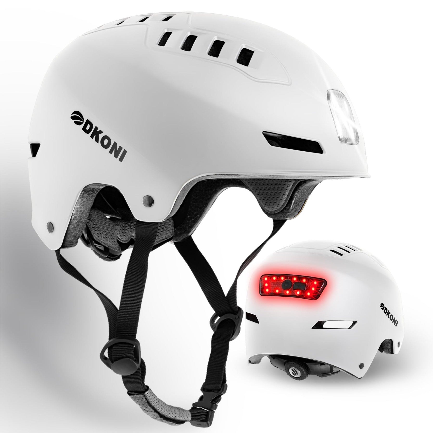 DKONI HS-158 Casque de vélo adulte rechargeable USB avec éclairage avant et arrière Pour hommes et femmes Blanc S 48-55 cm