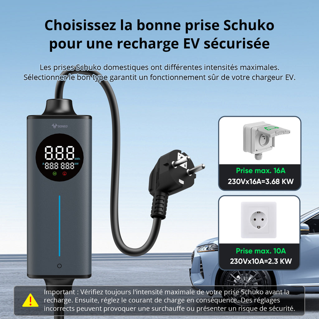 GONEO 3.68kW Chargeur EV portable Type 2, fiche Schuko 16A avec protection RCD 30mA+6mA DC, minuterie et économie d’énergie, sécurité totale