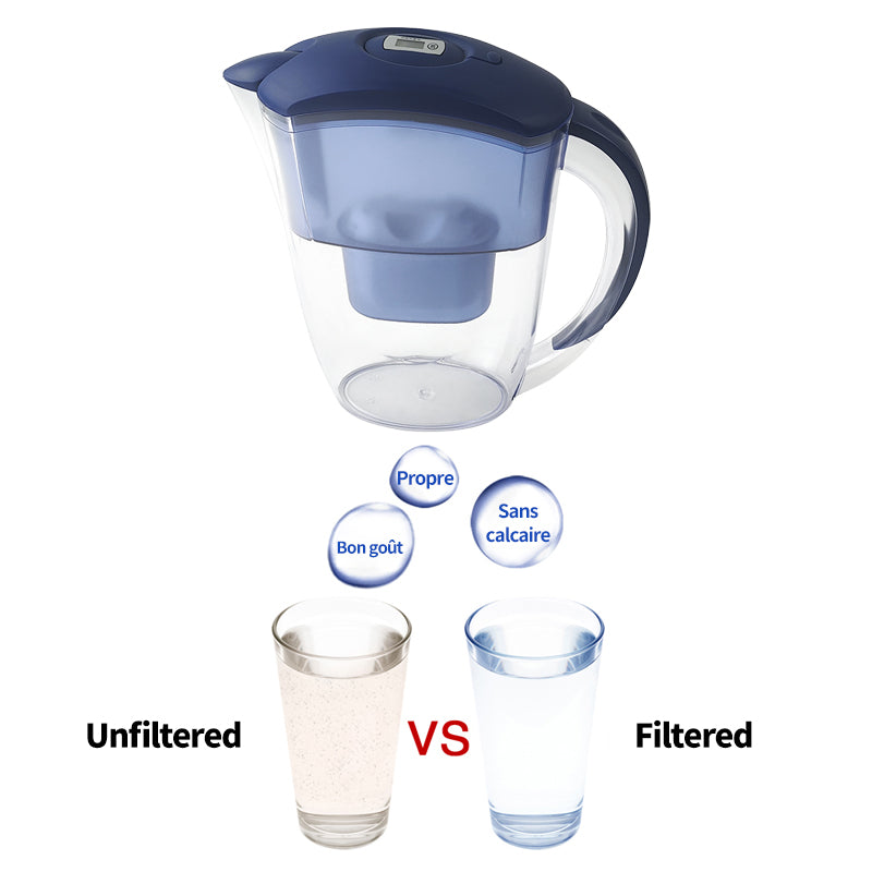 VIVREAL Carafe filtrante 2,4 L avec minuteur électronique, élimine le chlore, le calcaire et les métaux lourds, compatible avec les filtres Brita, matériau ABS de qualité alimentaire
