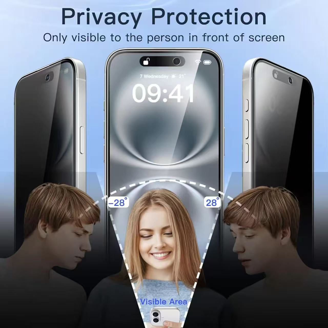 VoxorAI Protection d'écran pour iPhone 16plus, verre trempé, film de confidentialité à 360°, indispensable pour les déplacements, application instantanée et fixation automatique