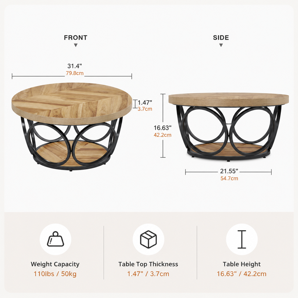 Tribesigns Table basse ronde 80 cm style ferme, rangement 2 niveaux, cadre en métal, grain de bois marron