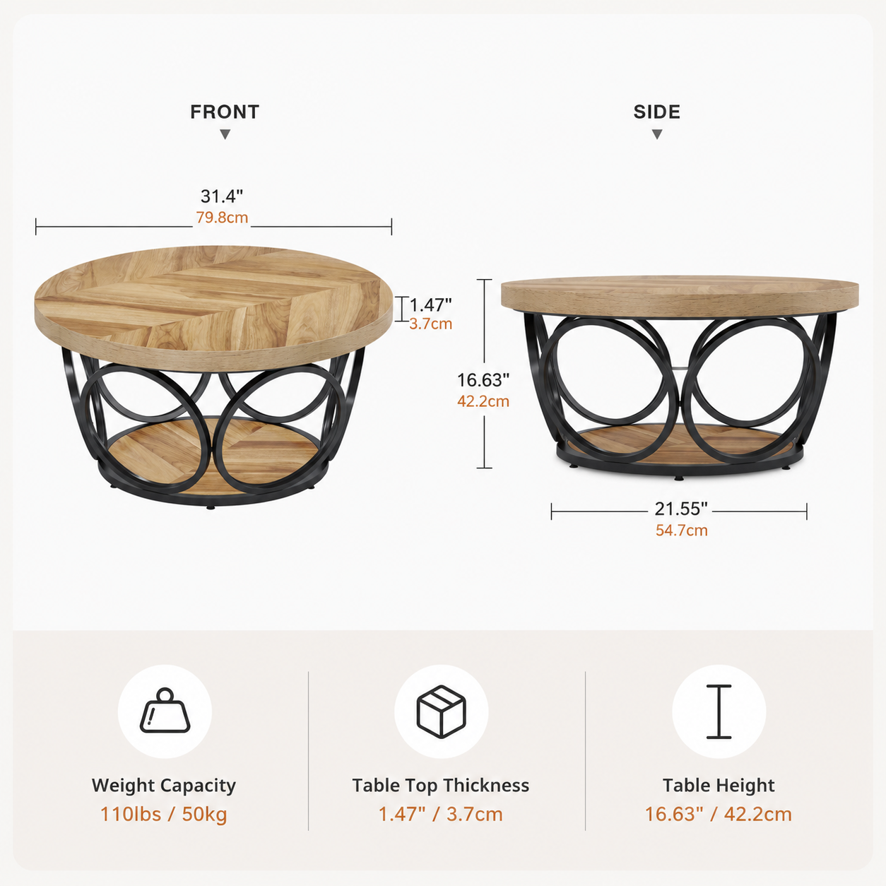 Tribesigns Table basse ronde 80 cm style ferme, rangement 2 niveaux, cadre en métal, grain de bois marron