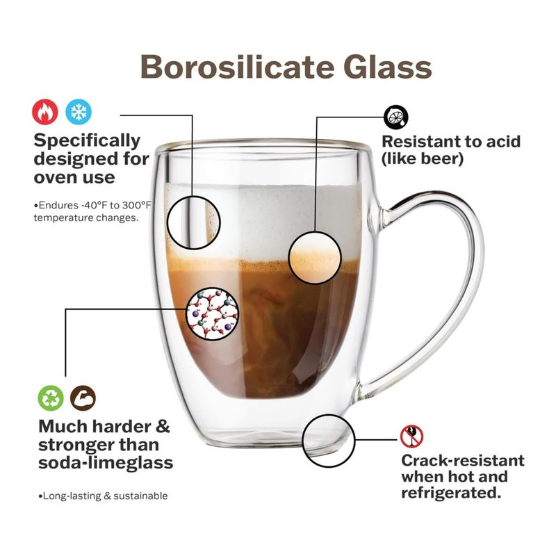 Lot de 2 Mugs à Café en Verre Double Paroi avec Anse, 350ml Verre Isotherme Transparent pour Boissons Chaudes et Froides, Latte, Cappuccino