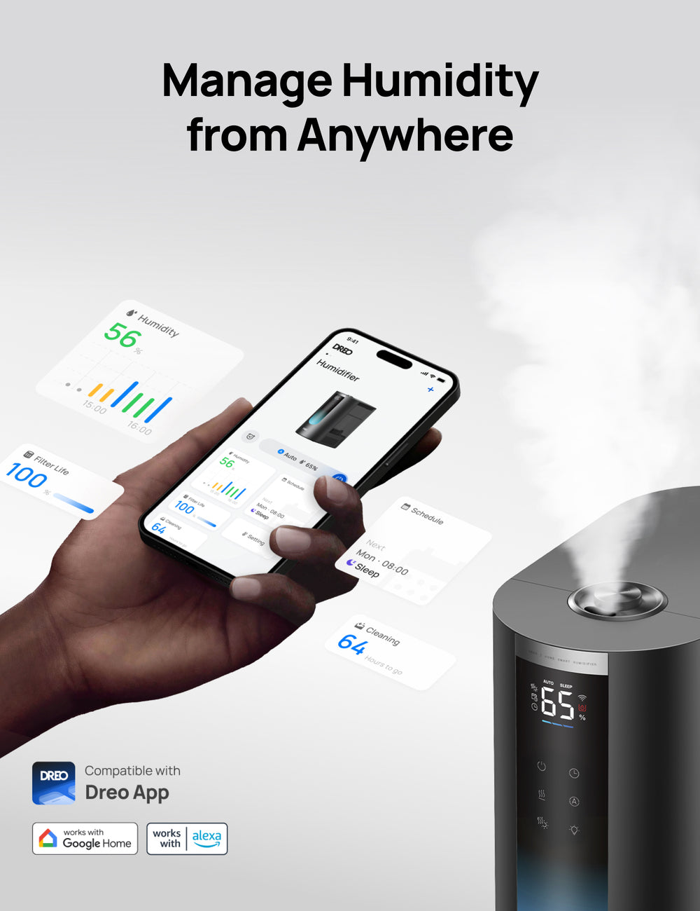 DREO Humidificateur ultrasonique intelligent, 6 L, 500 ml/h, brume chaude et froide, contrôle App, régulation humidité 5 %, doubles diffuseurs d'arômes, HHM013S