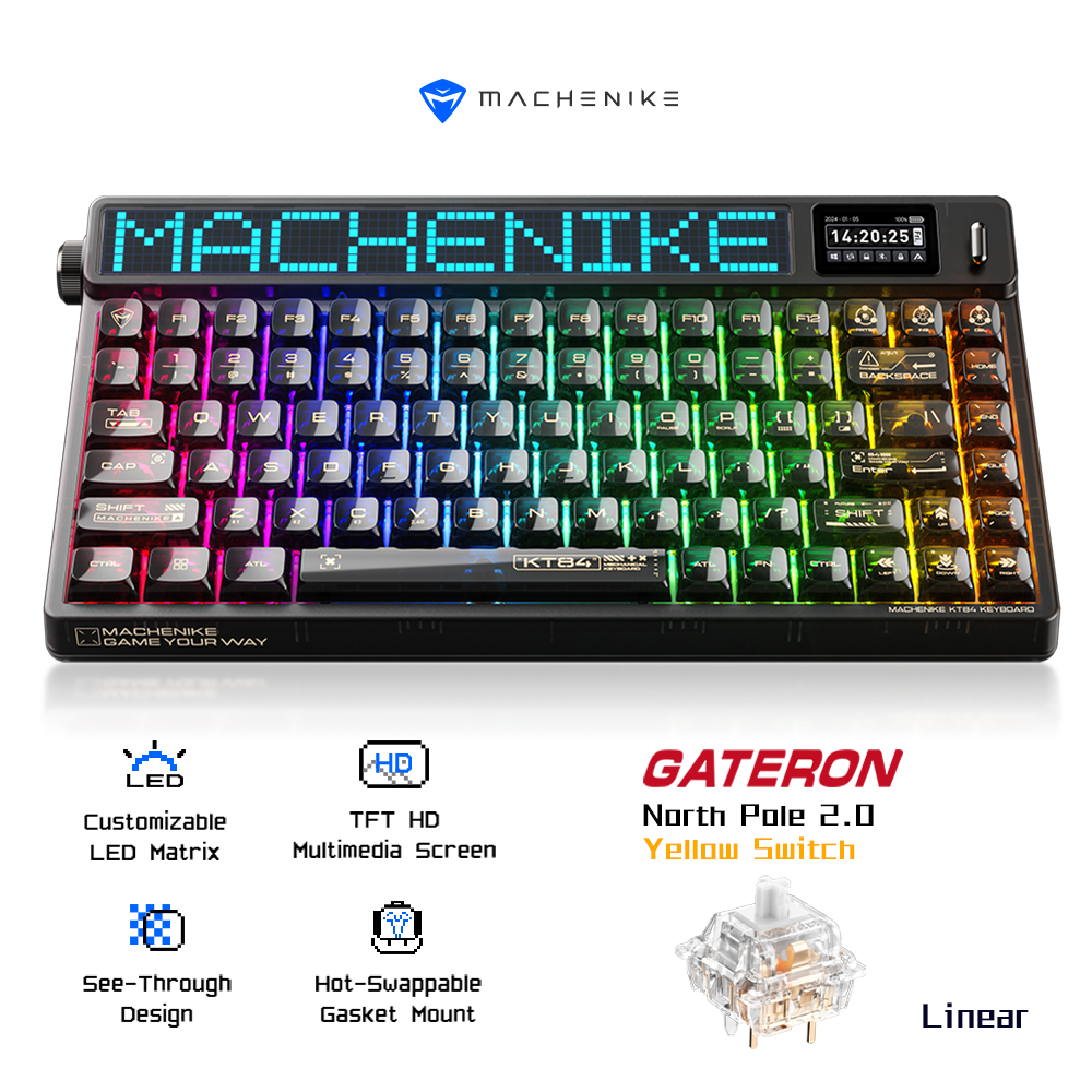 Machenike KT84-B84W clavier mécanique 75 % triple mode, disposition QWERTY US, Noir, interrupteur jaune Gateron Smart Screen