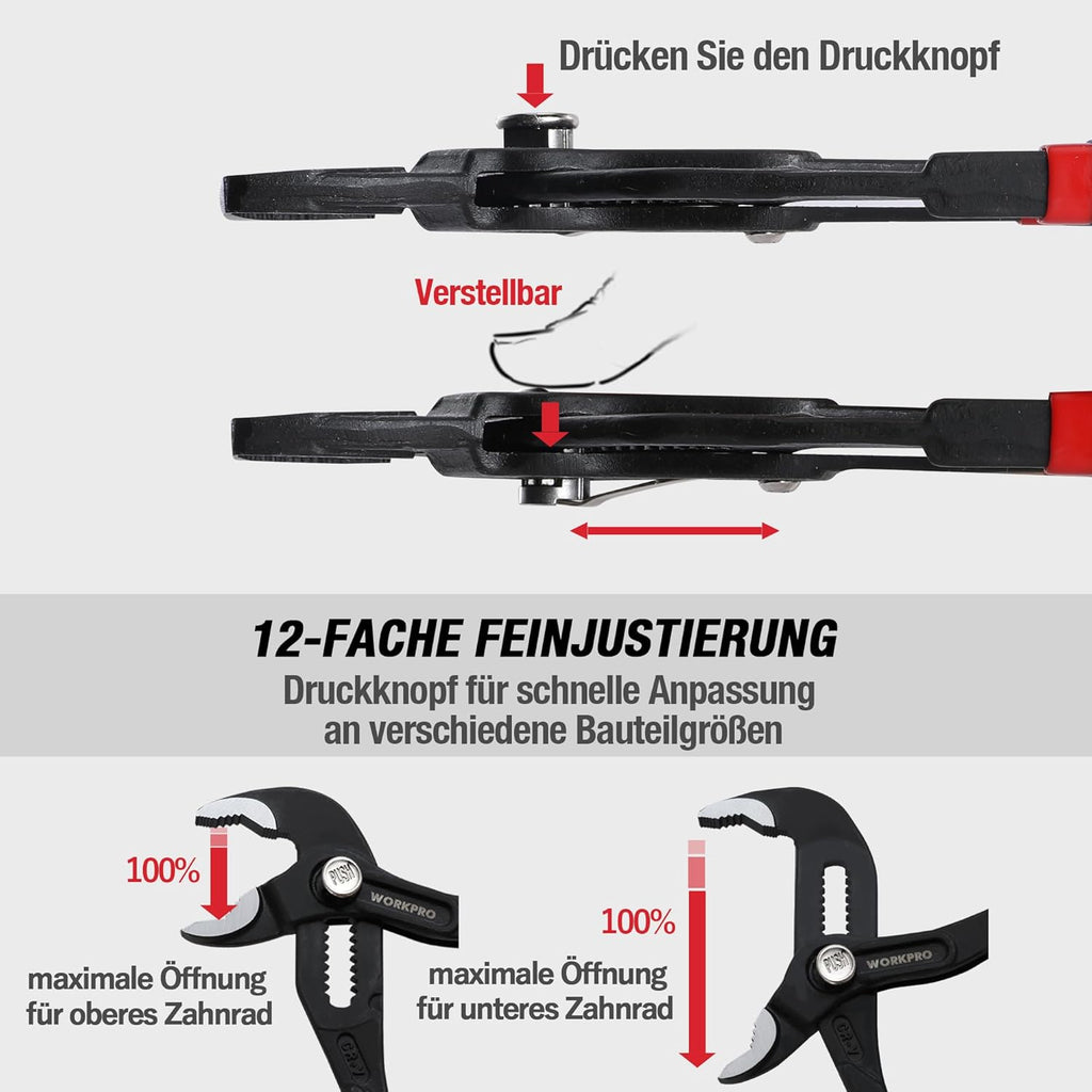 WORKPRO Jeu de 2 pinces multiprises, 180 mm et 250 mm avec réglage rapide, articulation coulissante, grand espace de serrage et poignée antidérapante