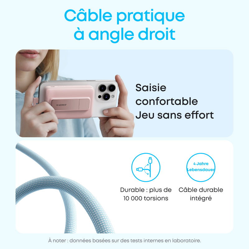 Batterie externe 10000mAh magnétique avec câble de données USB-C intégré noir